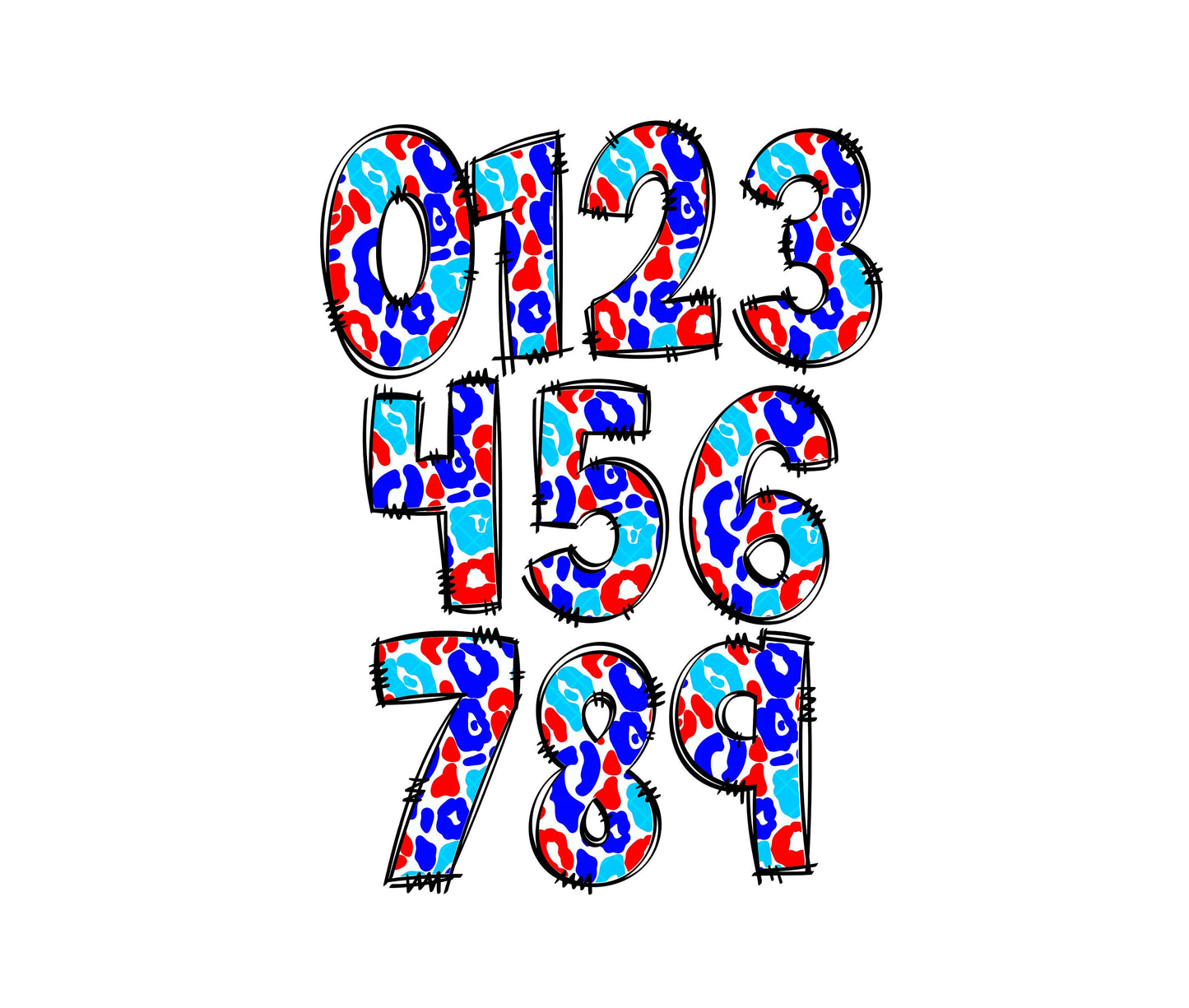 USA Leopard Doodle letters, Hand Drawn Doodle Alpha Bundle, Sublimation Font PNG, Patterned Numbers & Alphabet, Red White Blue 4th July Flag