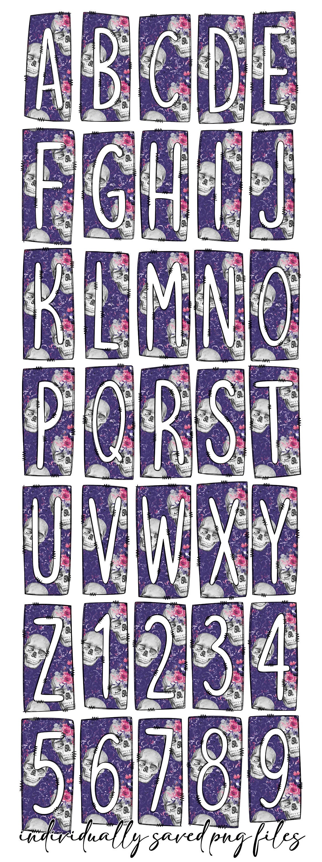 Purple Floral Skull Box Doodle Letters, Western Hand Drawn Doodle Alphabet Set, Sublimation Designs PNG - 1642