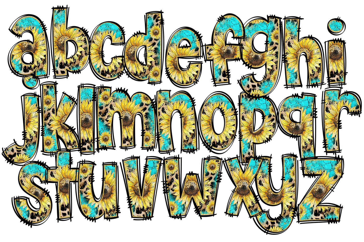 Turquoise Leopard Sunflower Doodle Alphabet Letters PNG Bundle, Floral Design Hand Drawn Doodle,Sublimation Alpha Set Designs PNG Digital