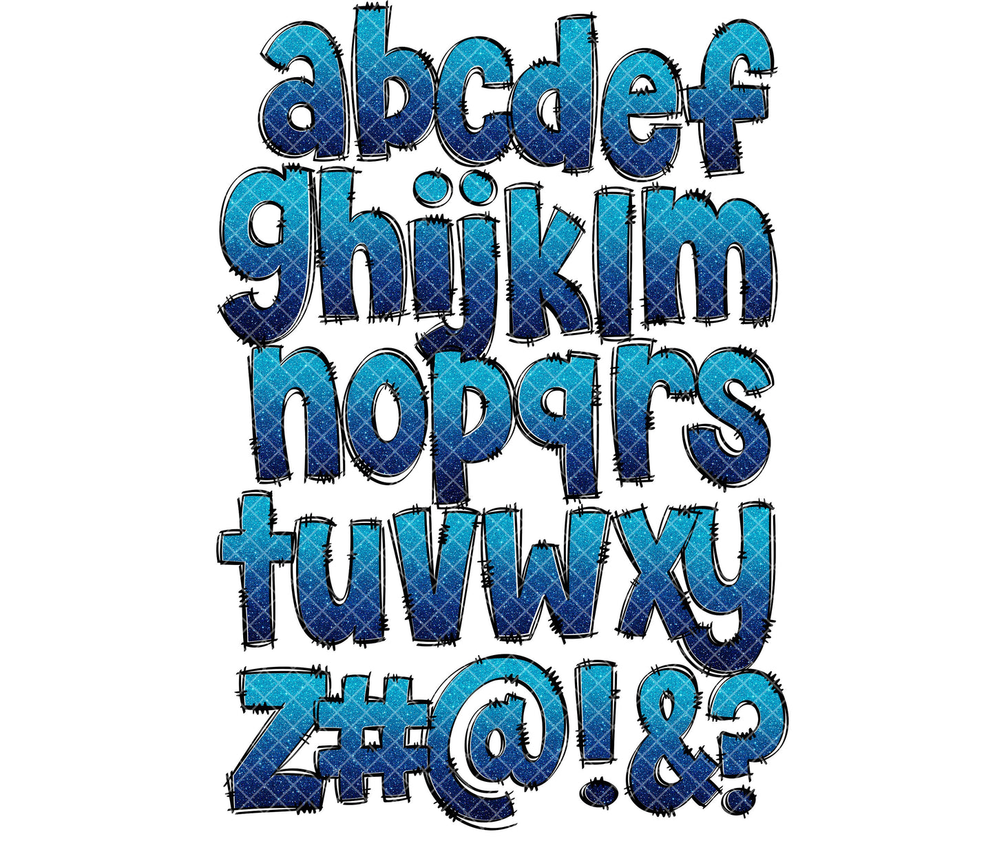 Ombre Blue Glitter Alphabet Letters PNG Bundle, Alcohol Ink, Hand Drawn Doodle, Sublimation Alpha Set Designs PNG