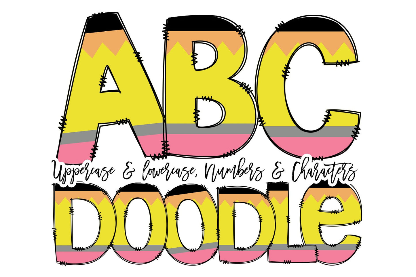 Teacher Doodle letters, Back to School, Pencil Hand Drawn Doodle Alpha Bundle Patterned Numbers & Alphabet Doodle Set Sublimation Font PNG,