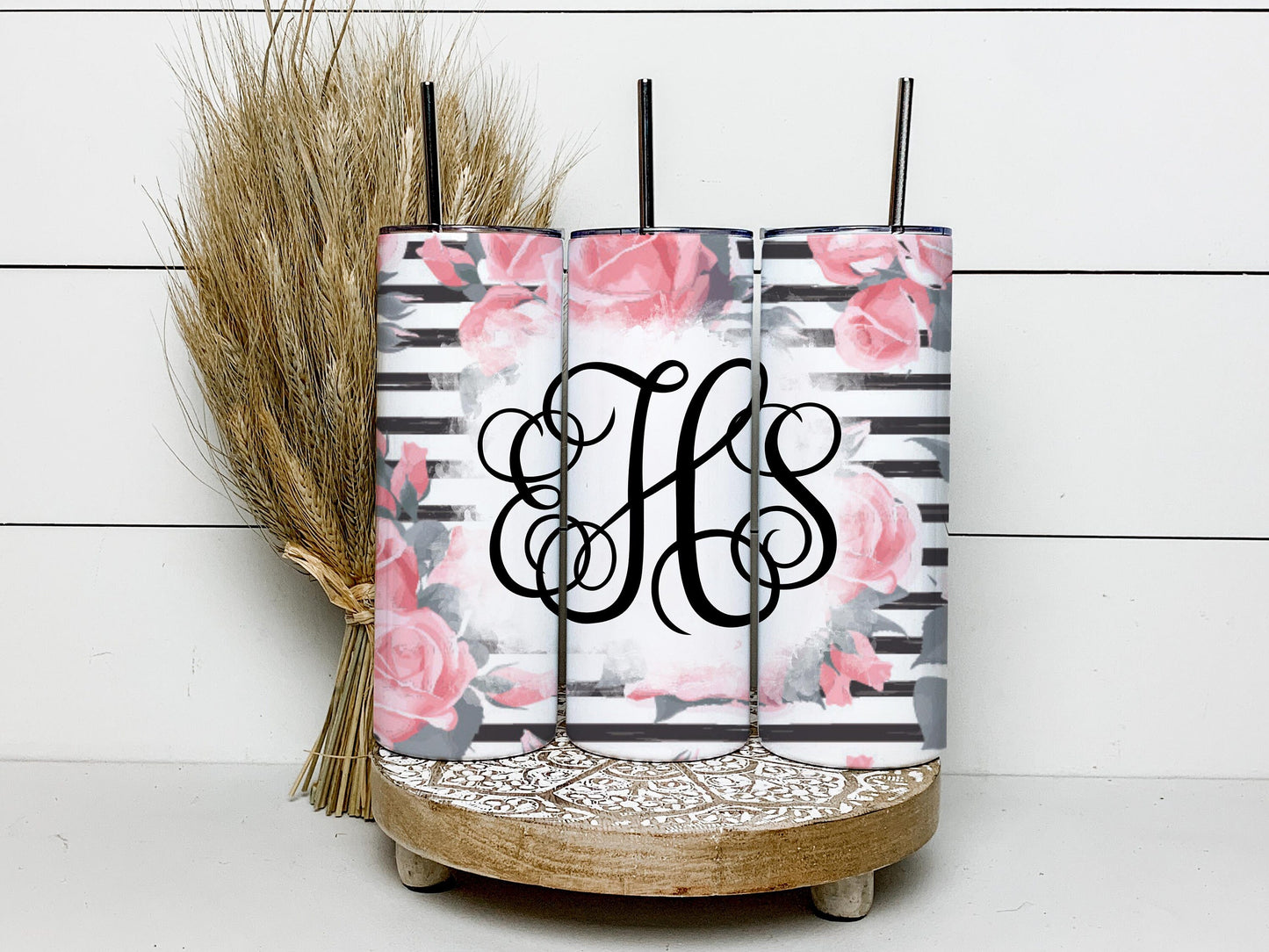 EDITABLE Striped Floral Monogram 20oz Straight Tumbler Wrap Designs, Make Your Own Custom Peronalized Design, Flowers Easy Canva Tempalte