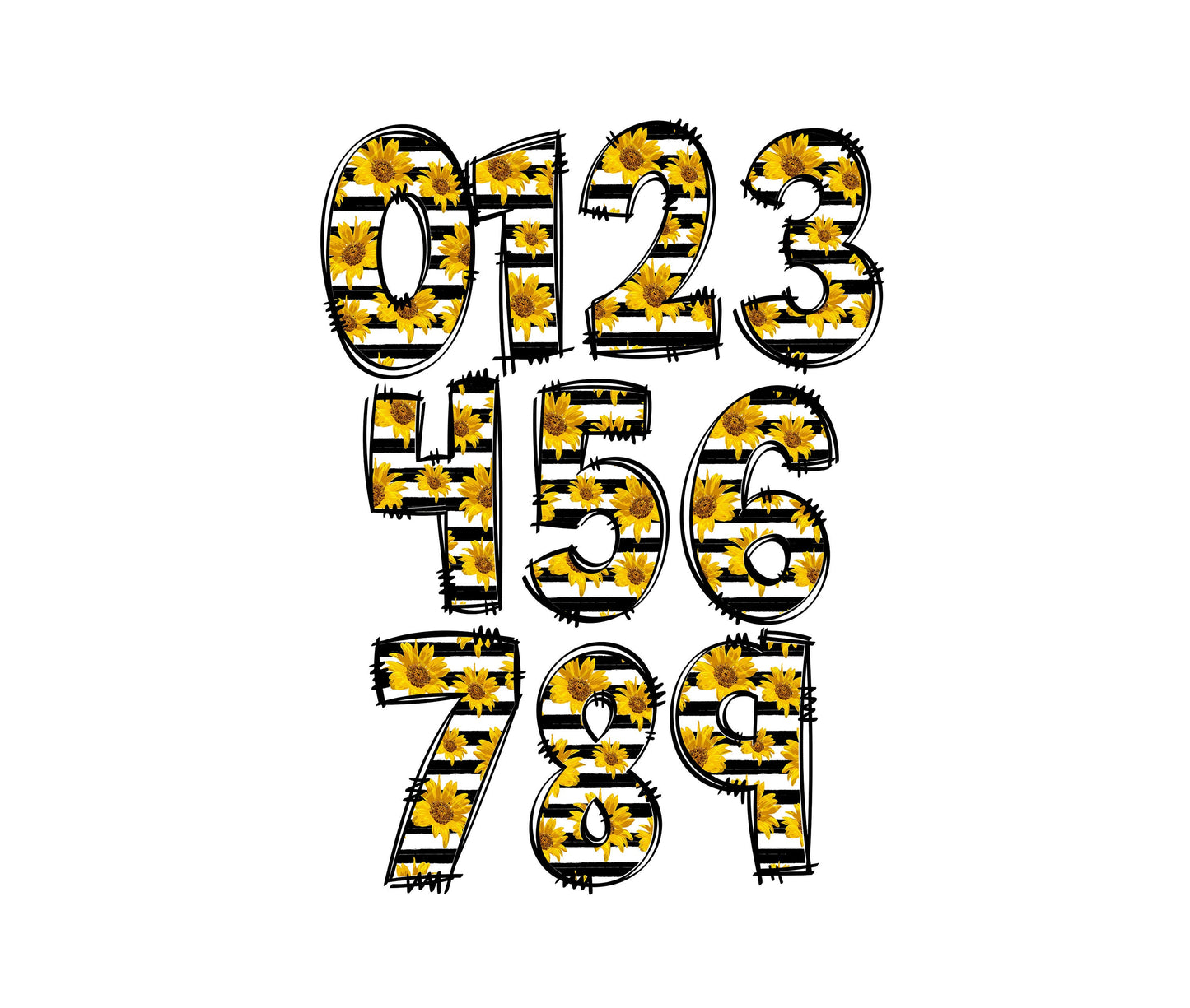 Sunflower Striped Doodle letters, Hand Drawn Doodle Alpha Bundle, Sublimation Font PNG, Patterned Numbers & Alphabet,