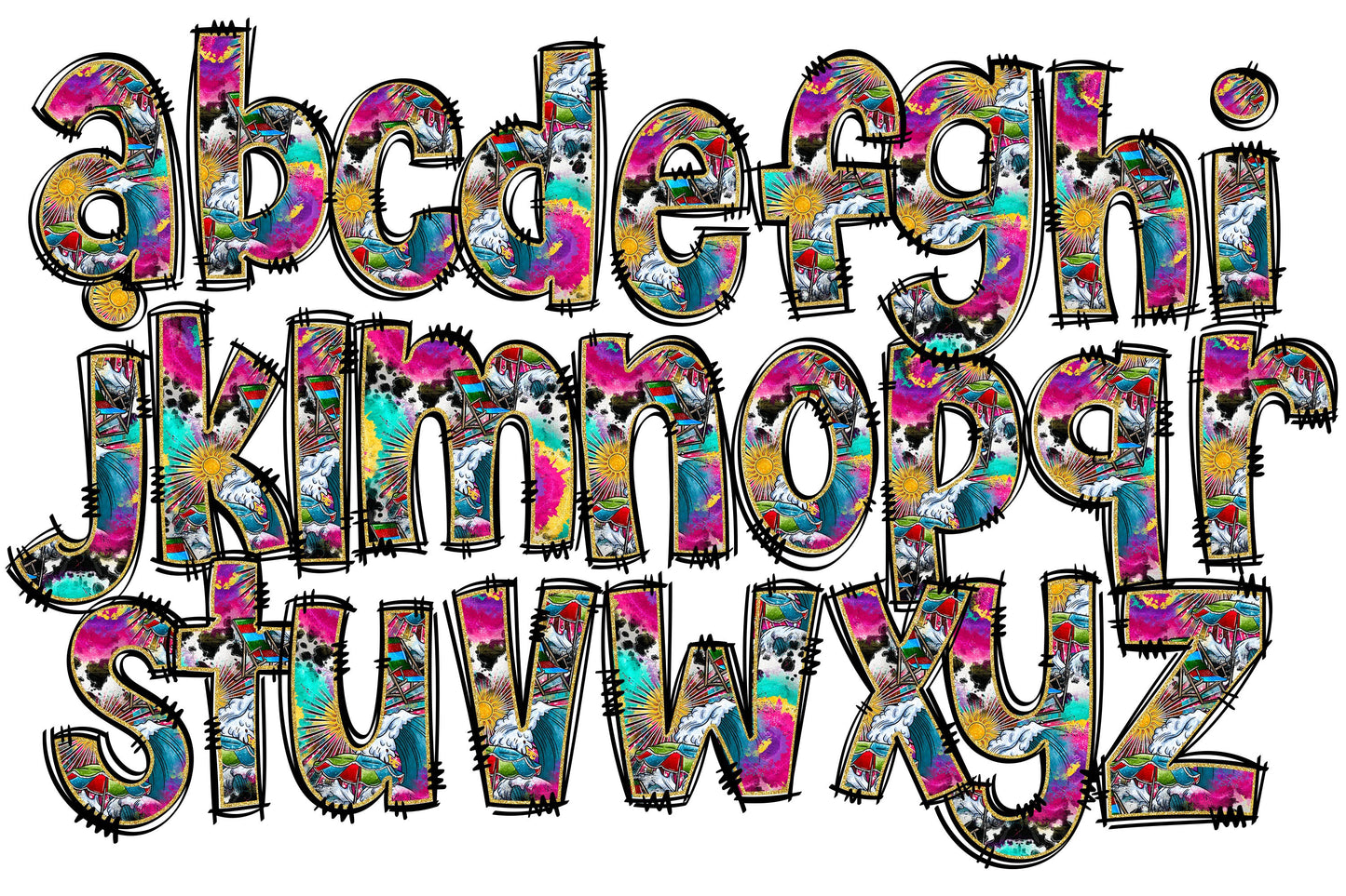 Summer Alphabet Letters PNG Bundle, Beach Tie Dye Doodle Letters, Hand Drawn Alphabet Doodle, Sublimation Alpha Set Designs PNG