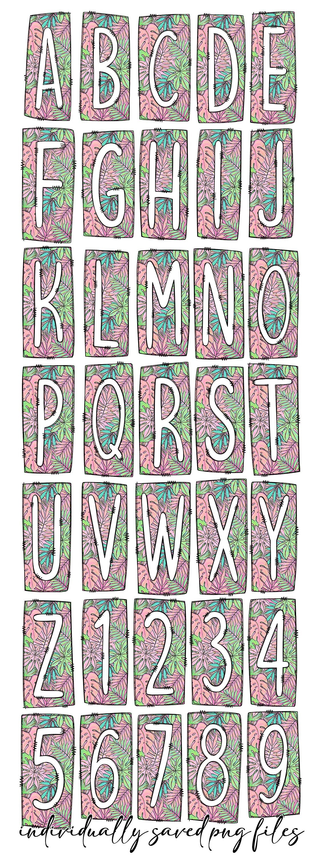 Plant Lover Fern Monsterra Box Doodle Letters, Western Hand Drawn Doodle Alphabet Set, Sublimation Designs PNG - 1279