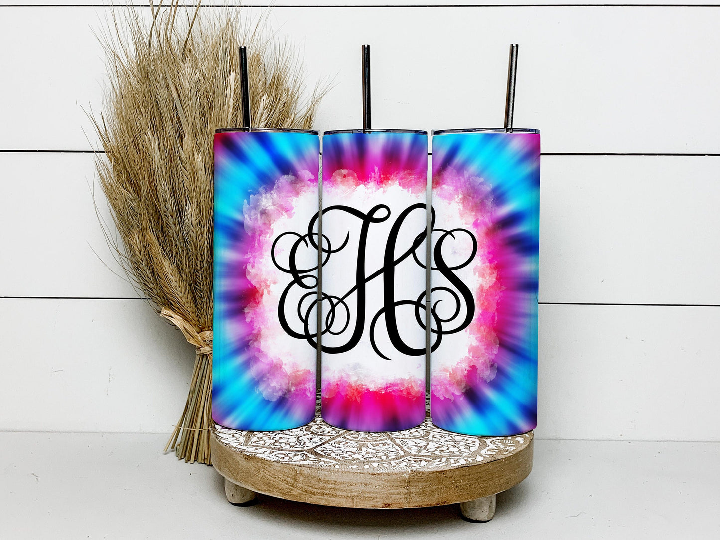 EDITABLE Pink Teal Tie Dye Monogram 20oz Straight Tumbler Wrap Designs, Make Your Own Custom Peronalized Design, Easy Canva Tempalte