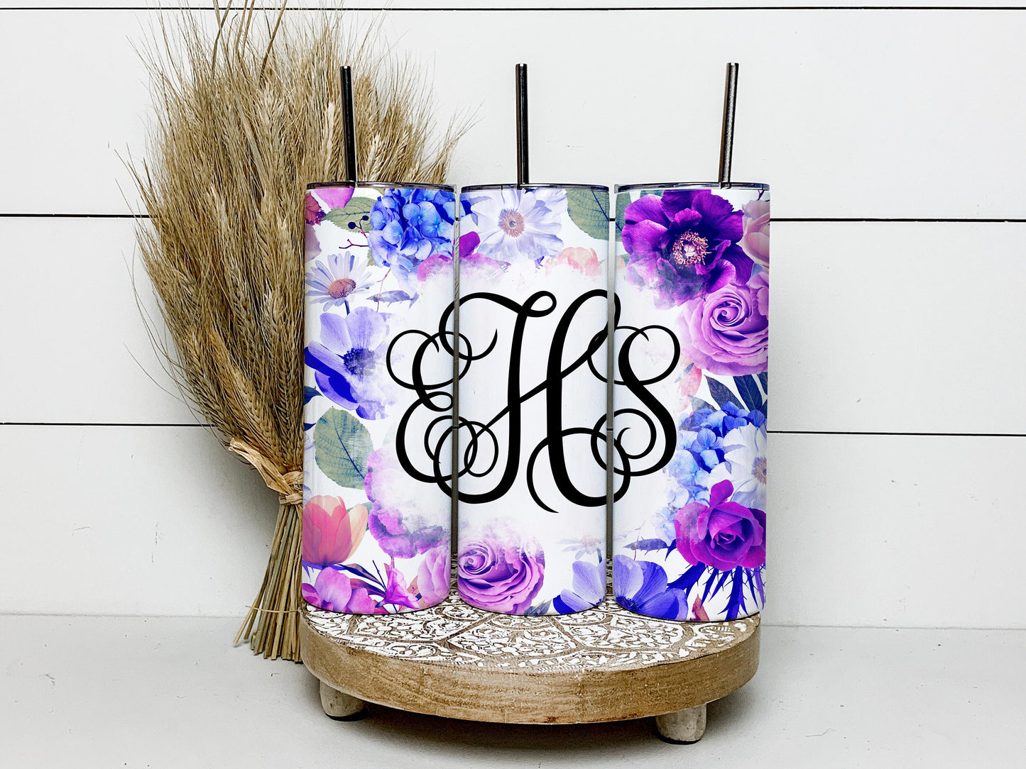 EDITABLE Flowers Monogram 20oz Straight Tumbler Wrap Designs, Make Your Own Custom Peronalized Design, Watercolor Floral Easy Canva Tempalte