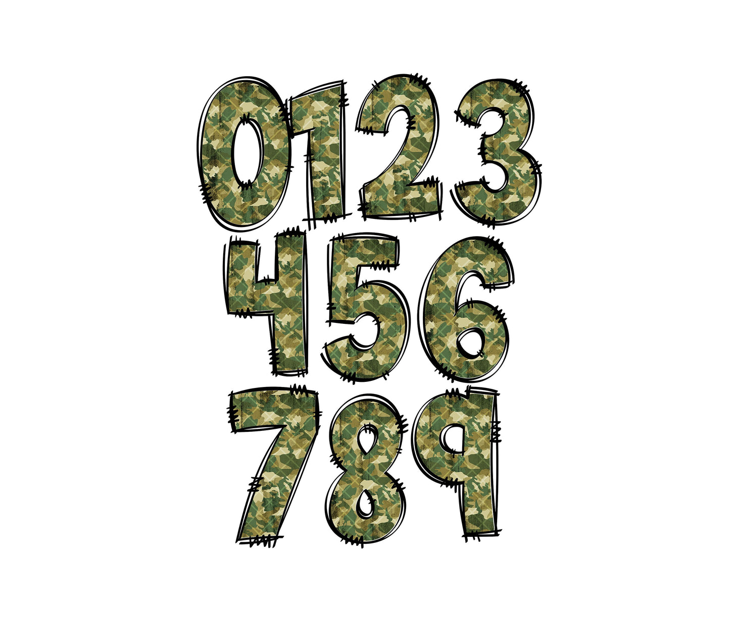 Camo Doodle letters, Hand Drawn Doodle Alpha Bundle Patterned Numbers & Alphabet Doodle Set Sublimation Font PNG