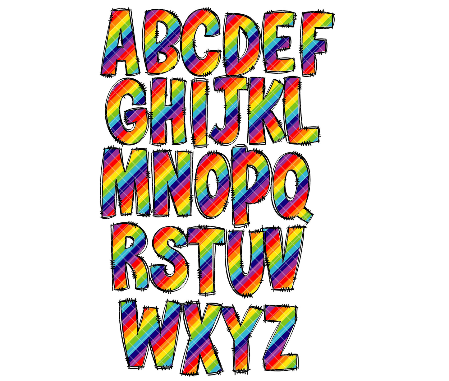 Rainbow Alphabet Letters PNG Bundle, Rainbow Colourful Bright Hand Drawn Alphabet Doodle, Sublimation Alpha Set Designs PNG