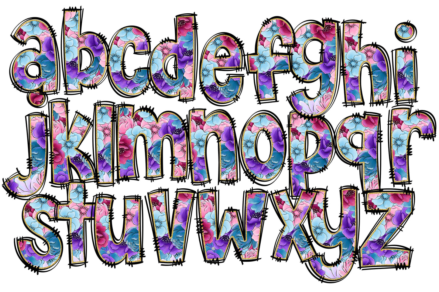 Floral Alphabet Letters PNG Bundle, Pink Purple Blue Horse Doodle Letters, Hand Drawn Alphabet Doodle, Sublimation Alpha Set Designs PNG