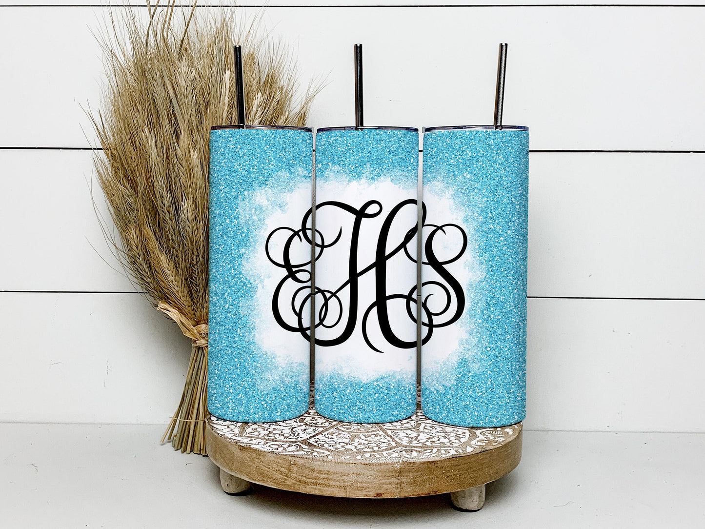 EDITABLE Blue Monogram 20oz Straight Tumbler Wrap Designs, Make Your Own Custom Peronalized Design, Glitter Easy Canva Tempalte