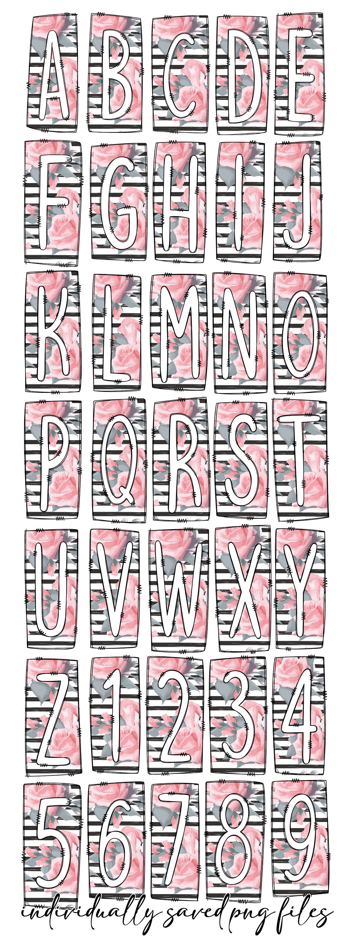 Striped Pink Flower Box Doodle Letters, Western Hand Drawn Doodle Alphabet Set, Sublimation Designs PNG - 157 PATTERN