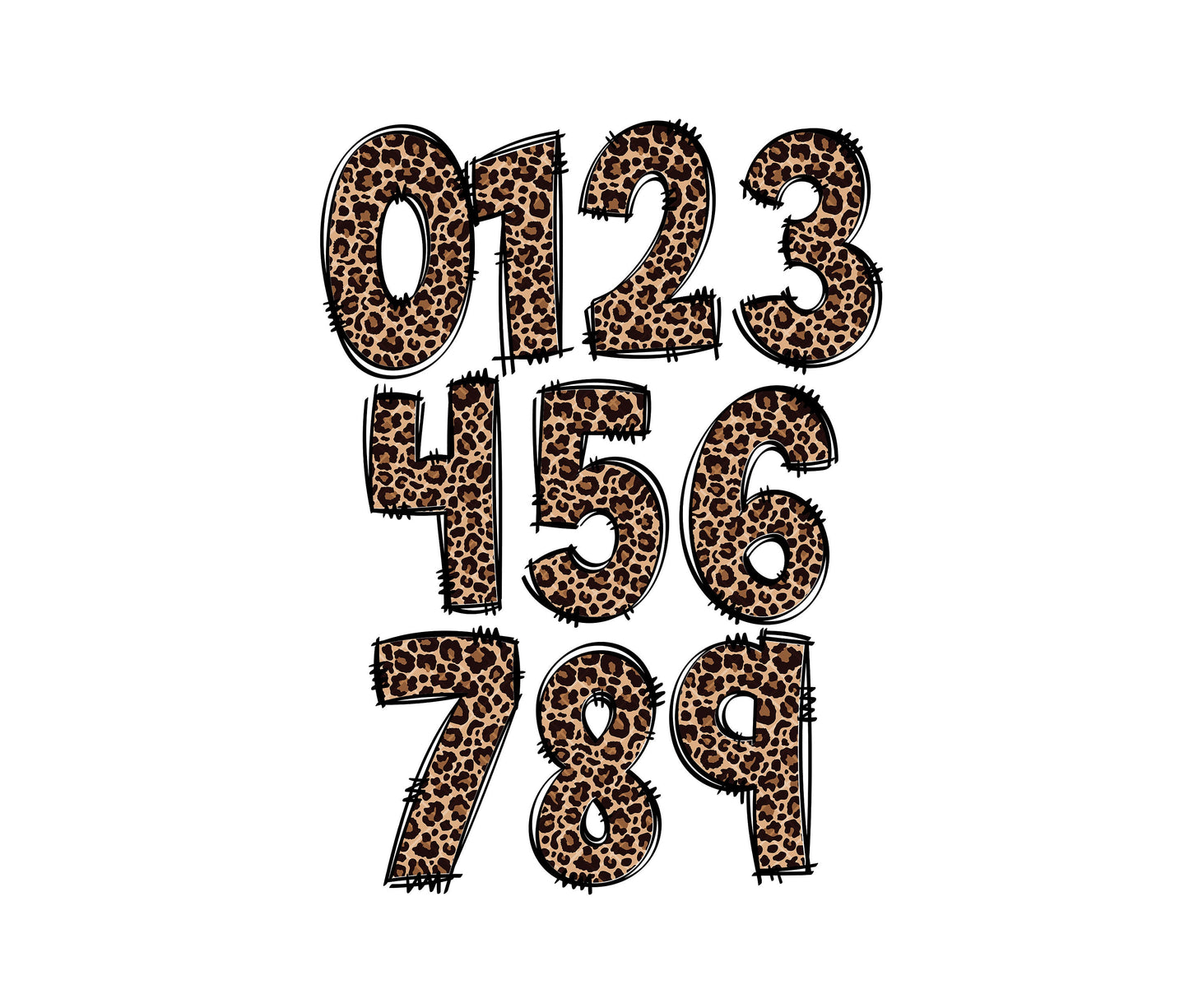 Leopard Print Doodle letters, Hand Drawn Doodle Alpha Bundle, Sublimation Font PNG, Patterned Numbers & Alphabet,