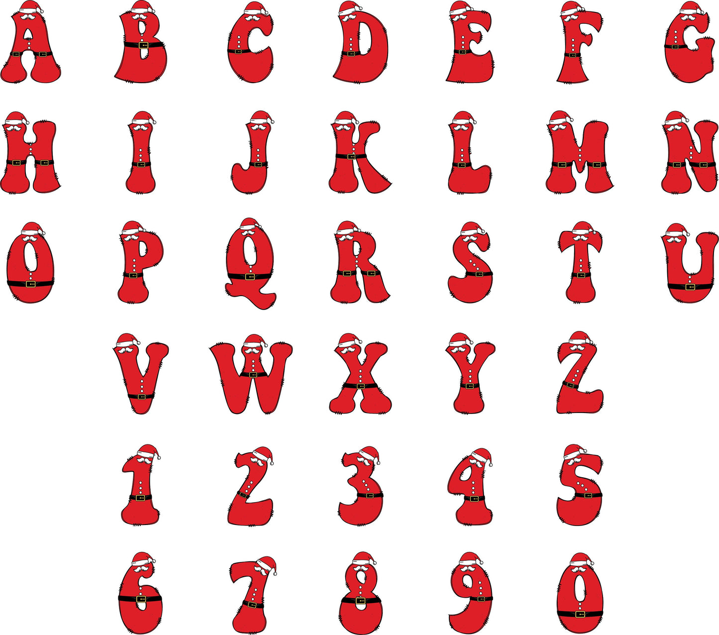 Christmas Doodle Letters and Numbers, Uppercase Alphabet Set, Retro Christmas Sublimation Letters, Santa, Elf, Reindeer Xmas Holidays PNG