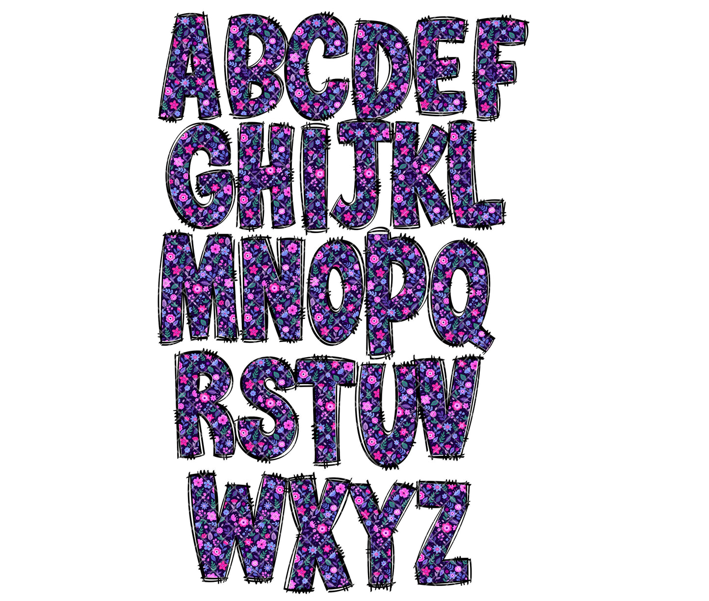 Purple Floral Doodle Alphabet Letters PNG Bundle, Flowers Hand Drawn Alphabet Doodle, Sublimation Alpha Set Designs PNG