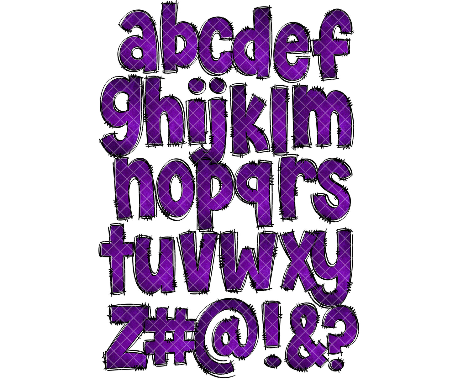 PURPLE Doodle Alphabet Letters PNG Bundle, Deep Purple Rustic, Design Hand Drawn Doodle, Sublimation Alpha Set Designs PNG