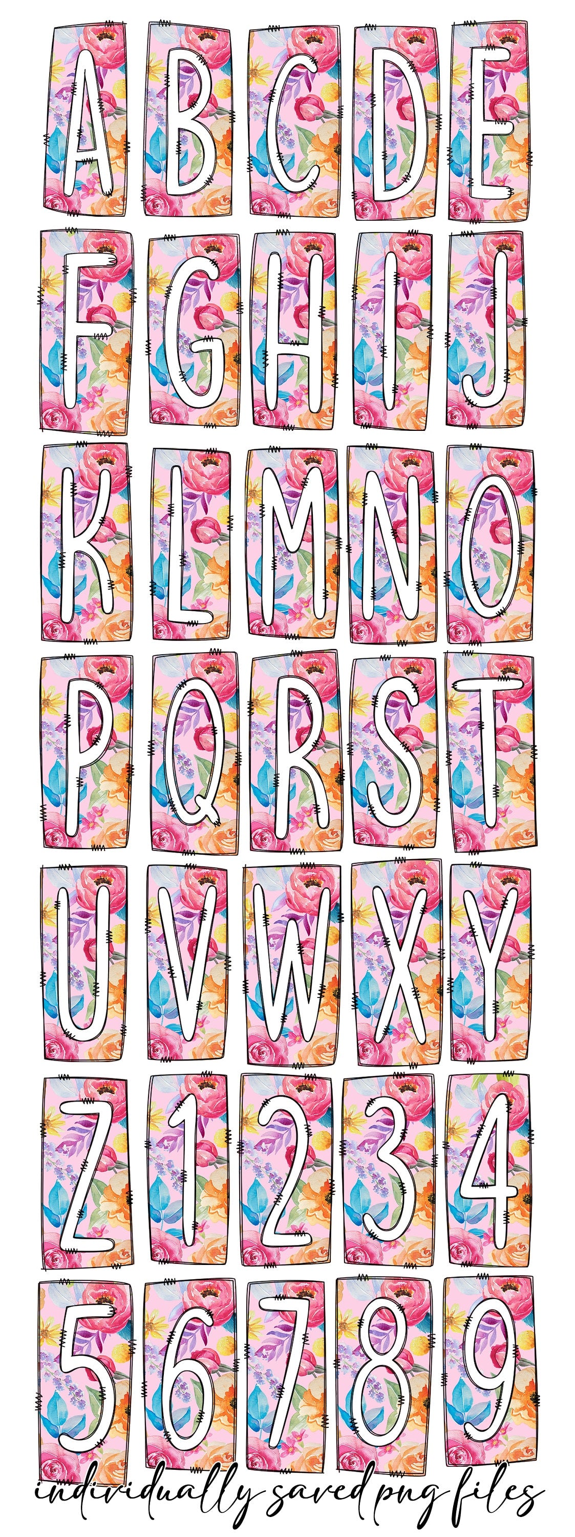 Pink Watercolor Floral Box Doodle Letters, Western Hand Drawn Doodle Alphabet Set, Sublimation Designs PNG - 1229