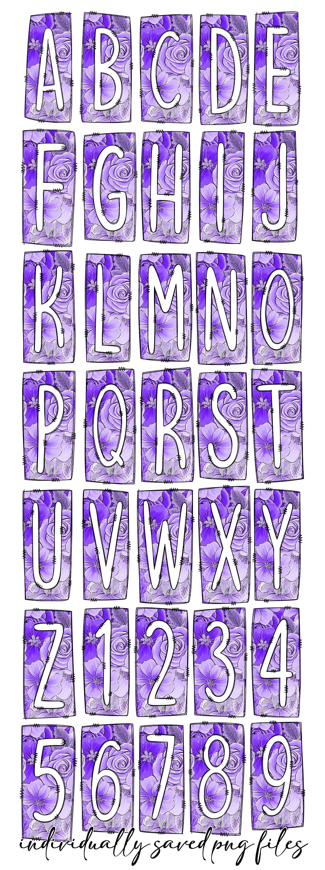 Purple Flowers Floral Box Doodle Letters, Western Hand Drawn Doodle Alphabet Set, Sublimation Designs PNG - 2191