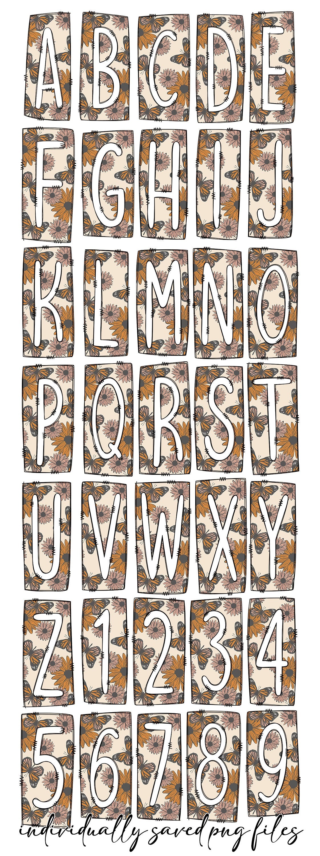 Retro Butterfly Box Doodle Letters, Western Hand Drawn Doodle Alphabet Set, Sublimation Designs PNG - 71 PATTERN