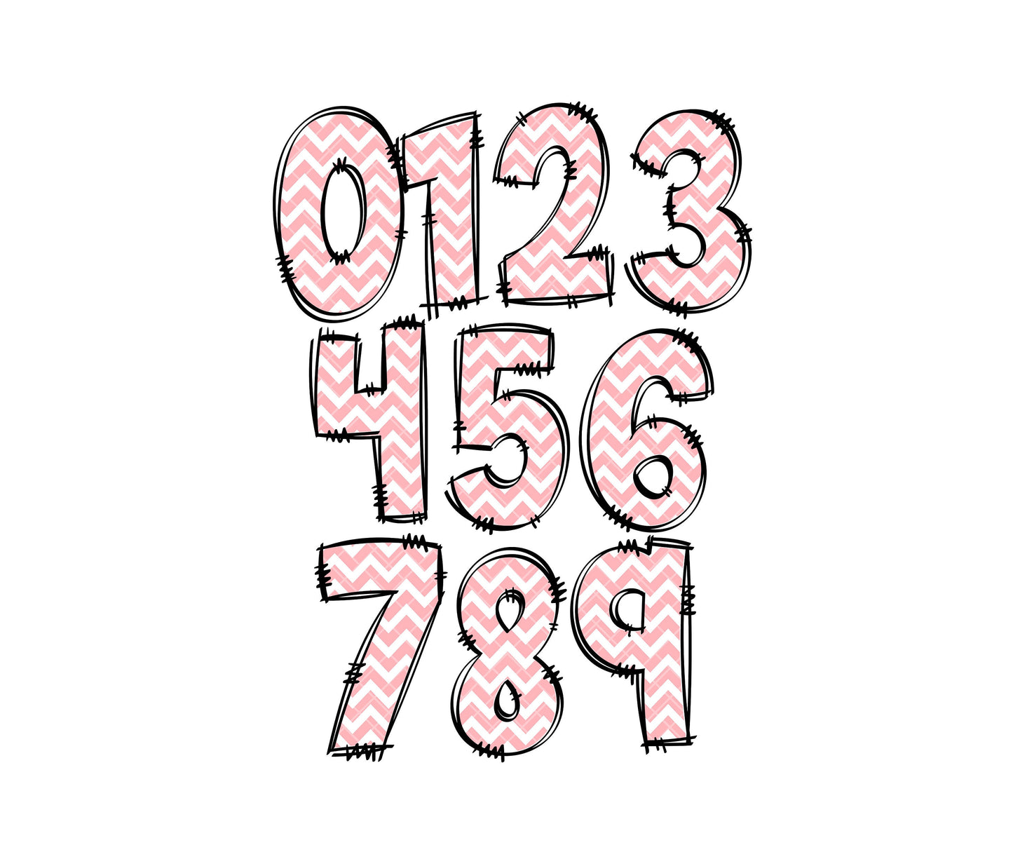 Baby Pink Chevron Doodle letters, Hand Drawn Doodle Alpha Bundle, Sublimation Font PNG, Patterned Numbers & Alphabet,