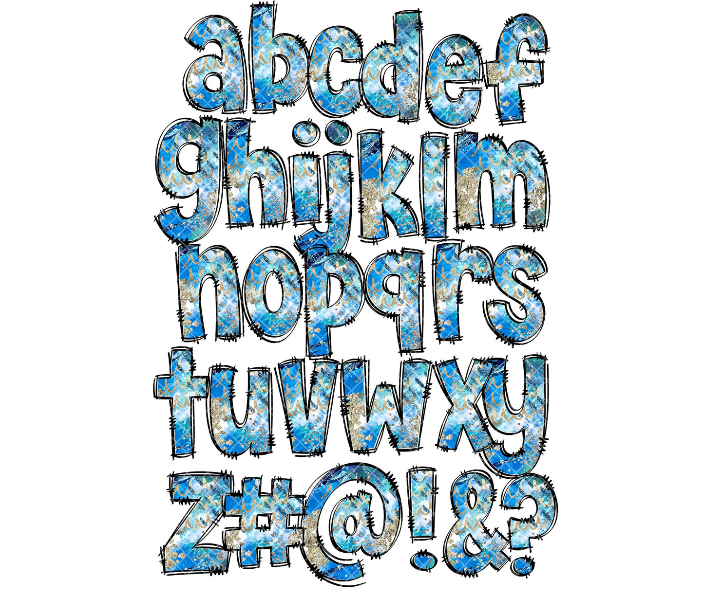 Gold Glitter Blue Alphabet Letters PNG Bundle, Abstract, Hand Drawn Doodle, Sublimation Alpha Set Designs PNG