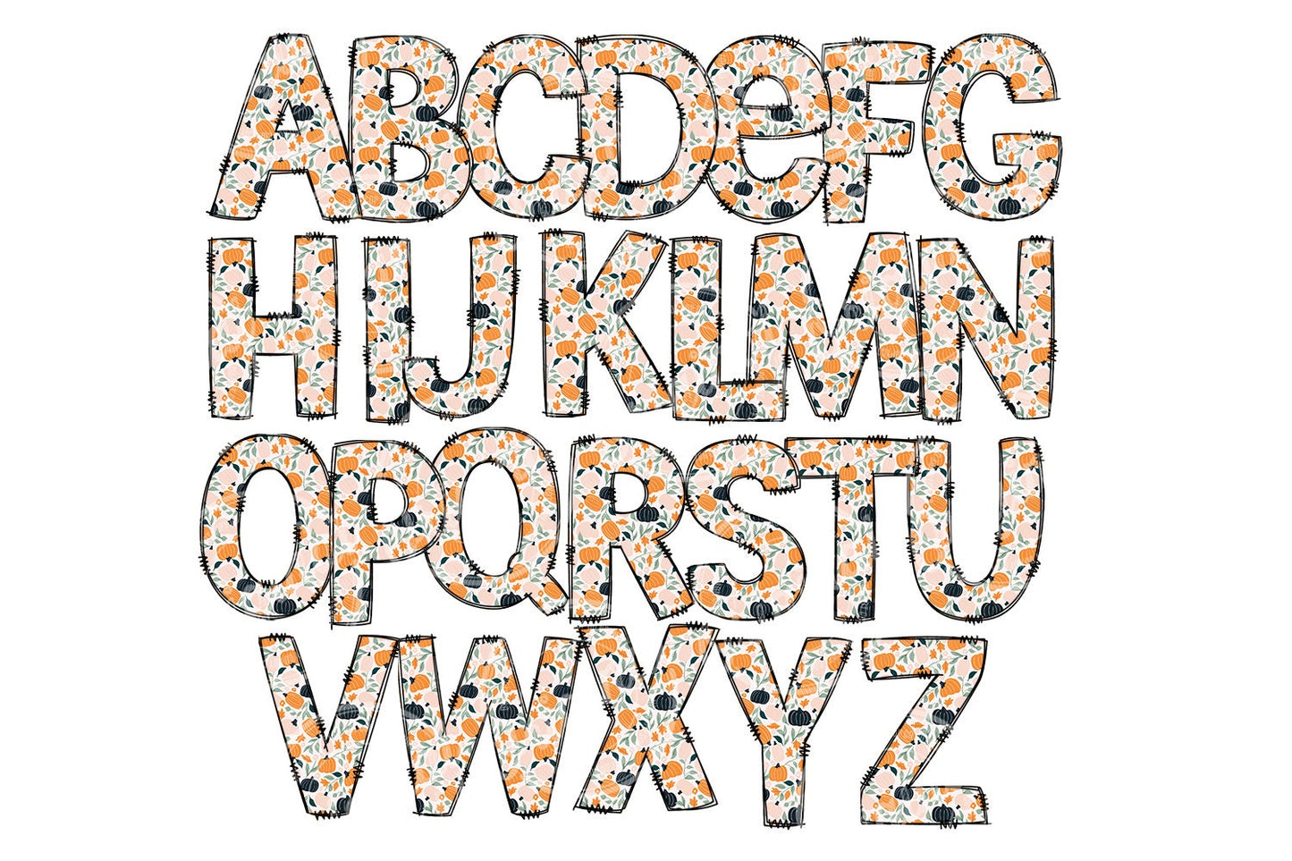 Pumpkin Doodle Letters with Matching Tumbler Template, Doodle Alphabet Font PNG, 20 oz Tumbler, Sublimation, Waterslide Designs