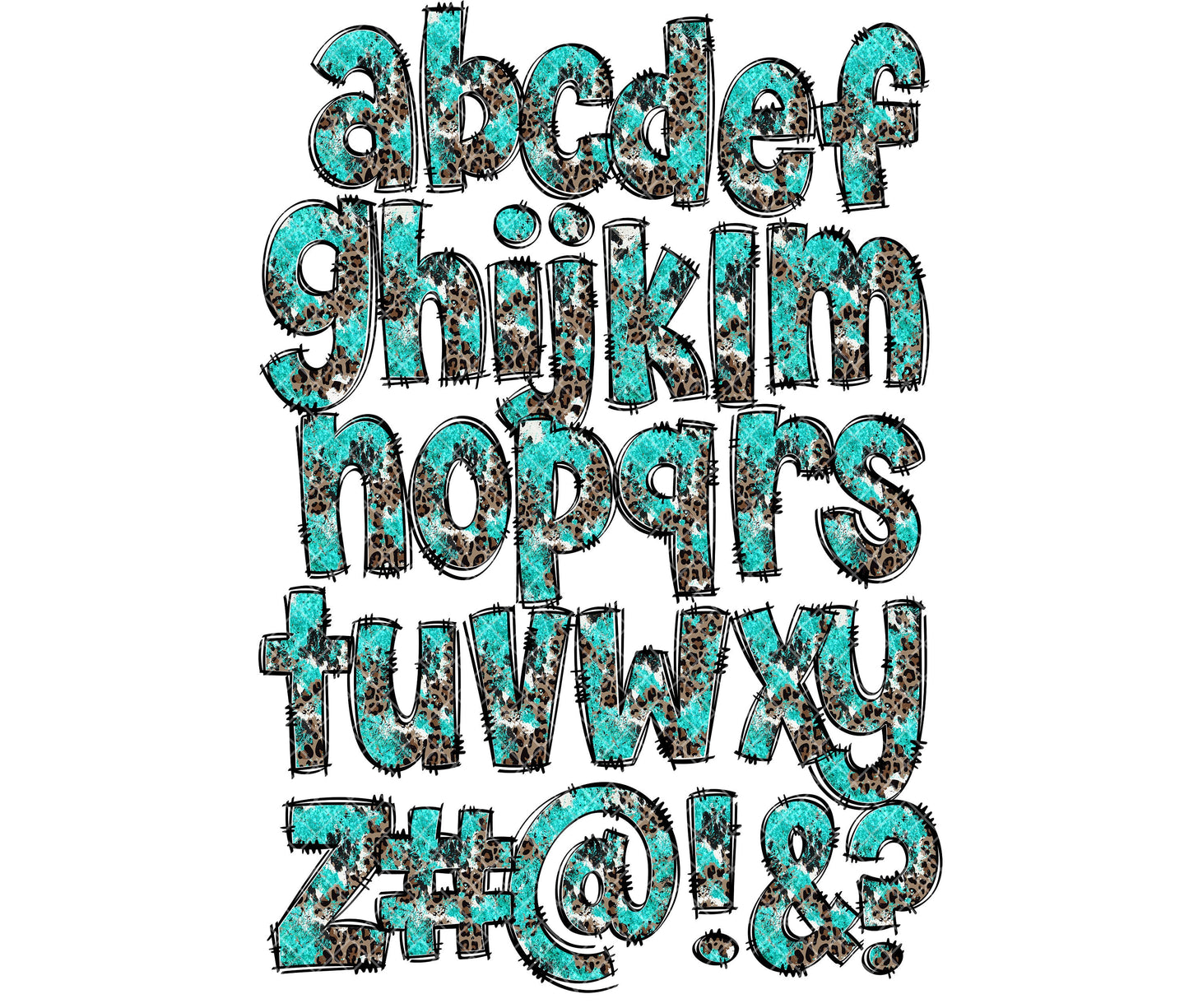 Turquoise Western Alphabet Letters PNG Bundle, Country Leopard Print Doodle Letters, Hand Drawn Alphabet Doodle, Alpha Set Designs PNG