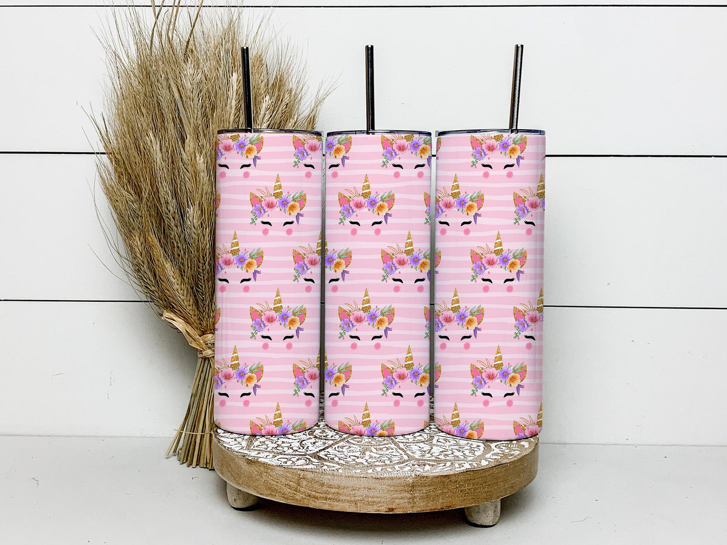 Cute Unicorn Pattern, Pink Stripes Background 20oz Tumbler Wrap, Seamless Skinny Tumbler, Sublimation Design PNG - 834