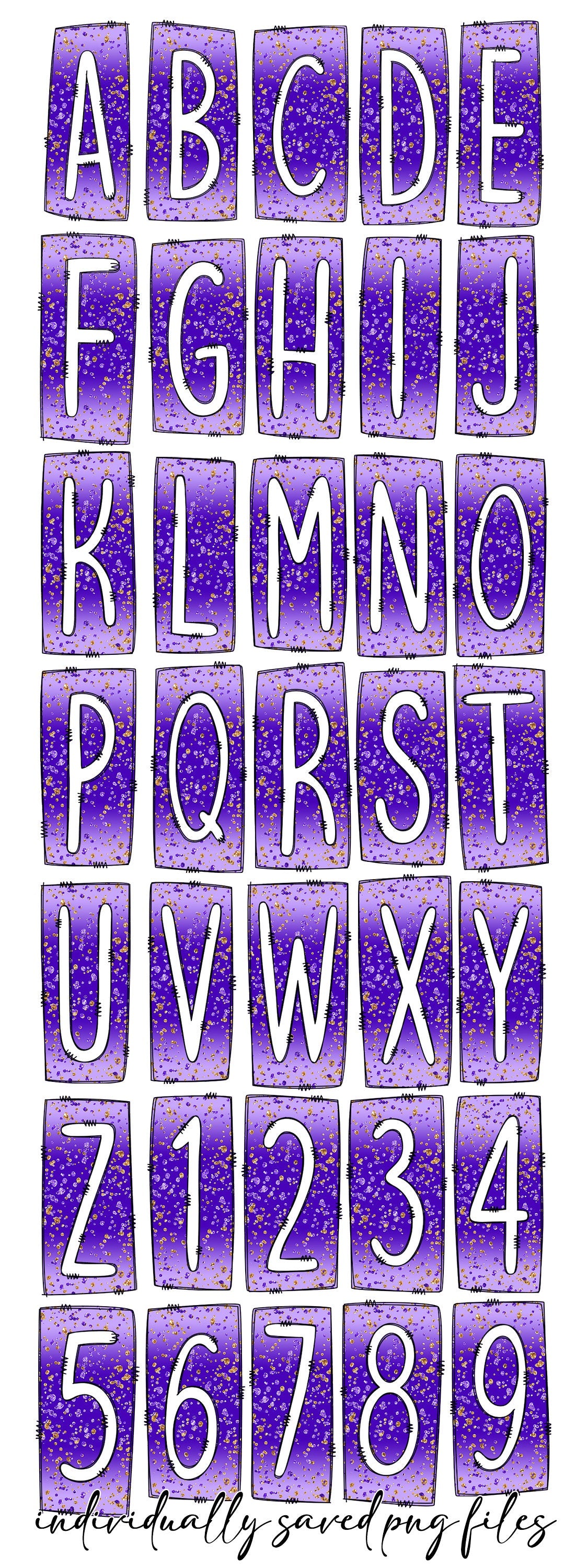 Purple Glitter Ombre Box Doodle Letters, Western Hand Drawn Doodle Alphabet Set, Sublimation Designs PNG - 1825