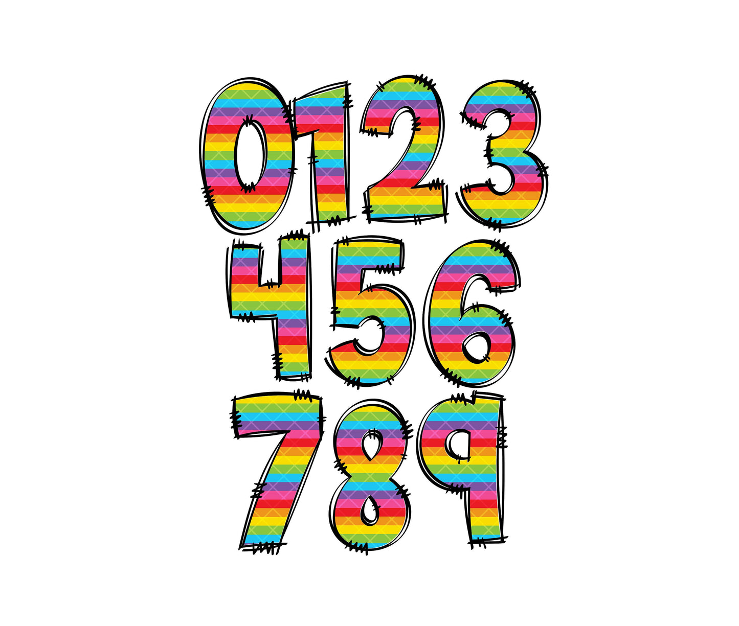 Rainbow Stripes Doodle letters, Hand Drawn Doodle Alpha Bundle Patterned Numbers & Alphabet Doodle Set Sublimation Font PNG