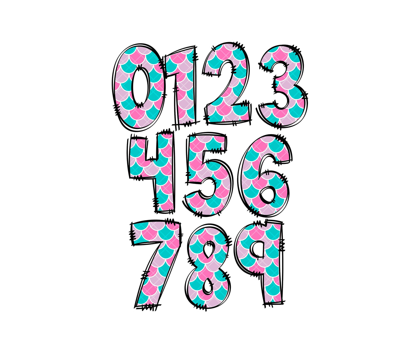 Mermaid Doodle letters, Hand Drawn Doodle Alpha Bundle Patterned Numbers & Alphabet Doodle Set Sublimation Font PNG