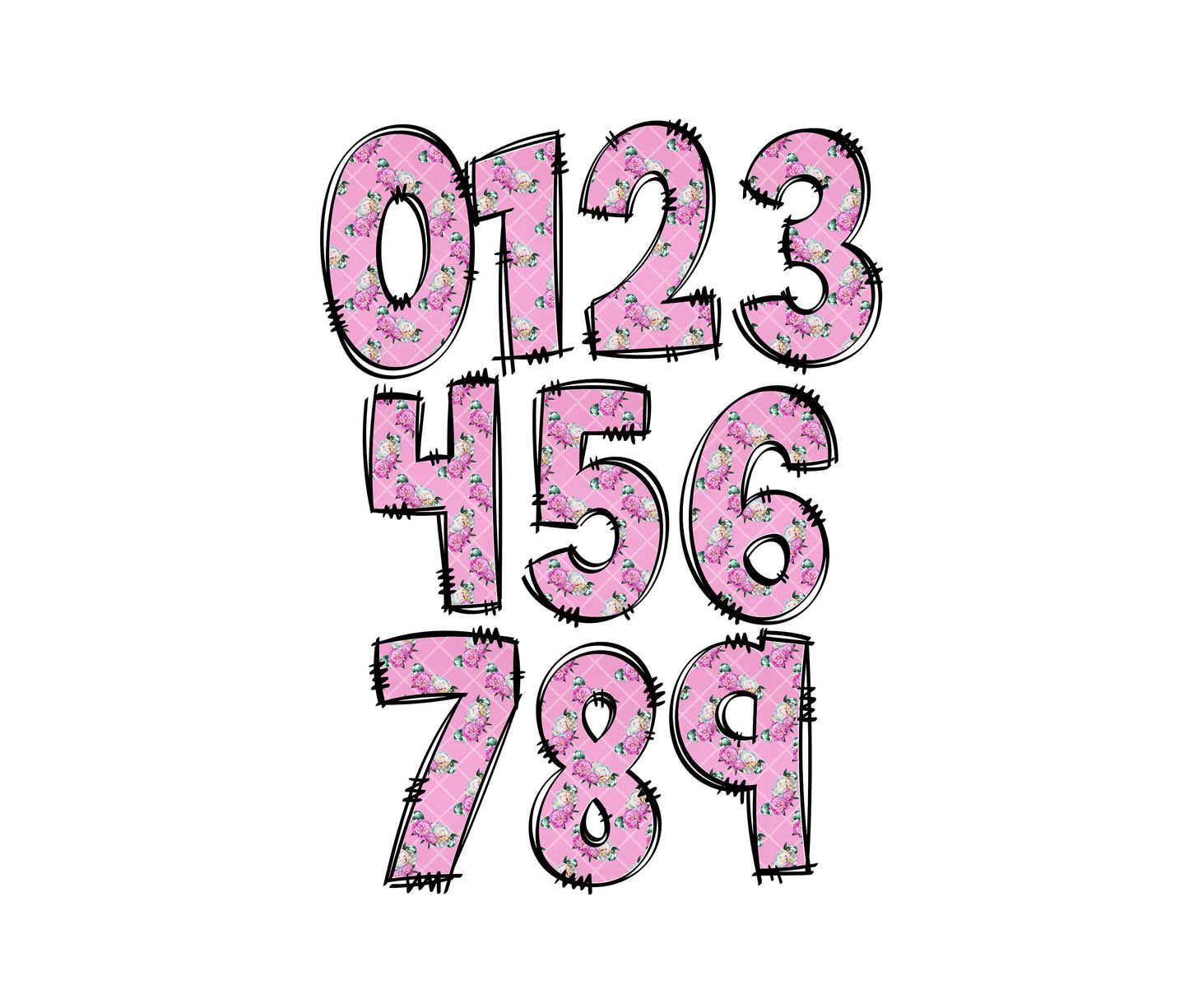 Pink Floral Doodle letters, Hand Drawn Doodle Alpha Bundle Patterned Numbers & Alphabet Doodle Set Sublimation Font PNG