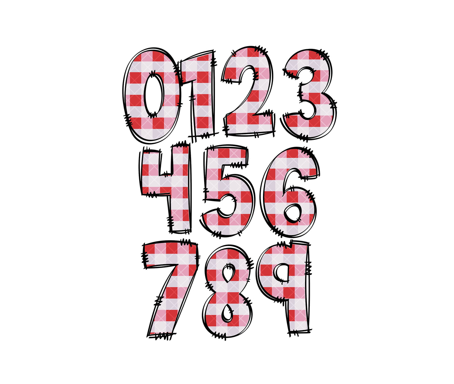 Gingham Doodle letters, Red Plaid Hand Drawn Doodle Alpha Bundle, Sublimation Font PNG, Patterned Numbers & Alphabet,