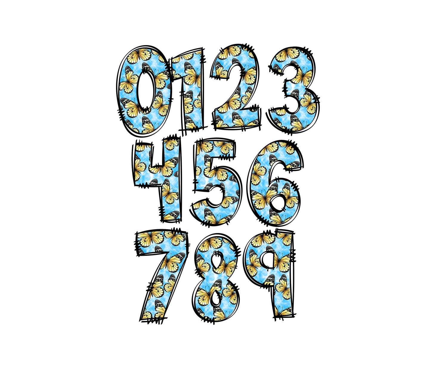 Blue Butterfly Doodle letters, Hand Drawn Doodle Alpha Bundle, Sublimation Font PNG, Patterned Numbers & Alphabet,