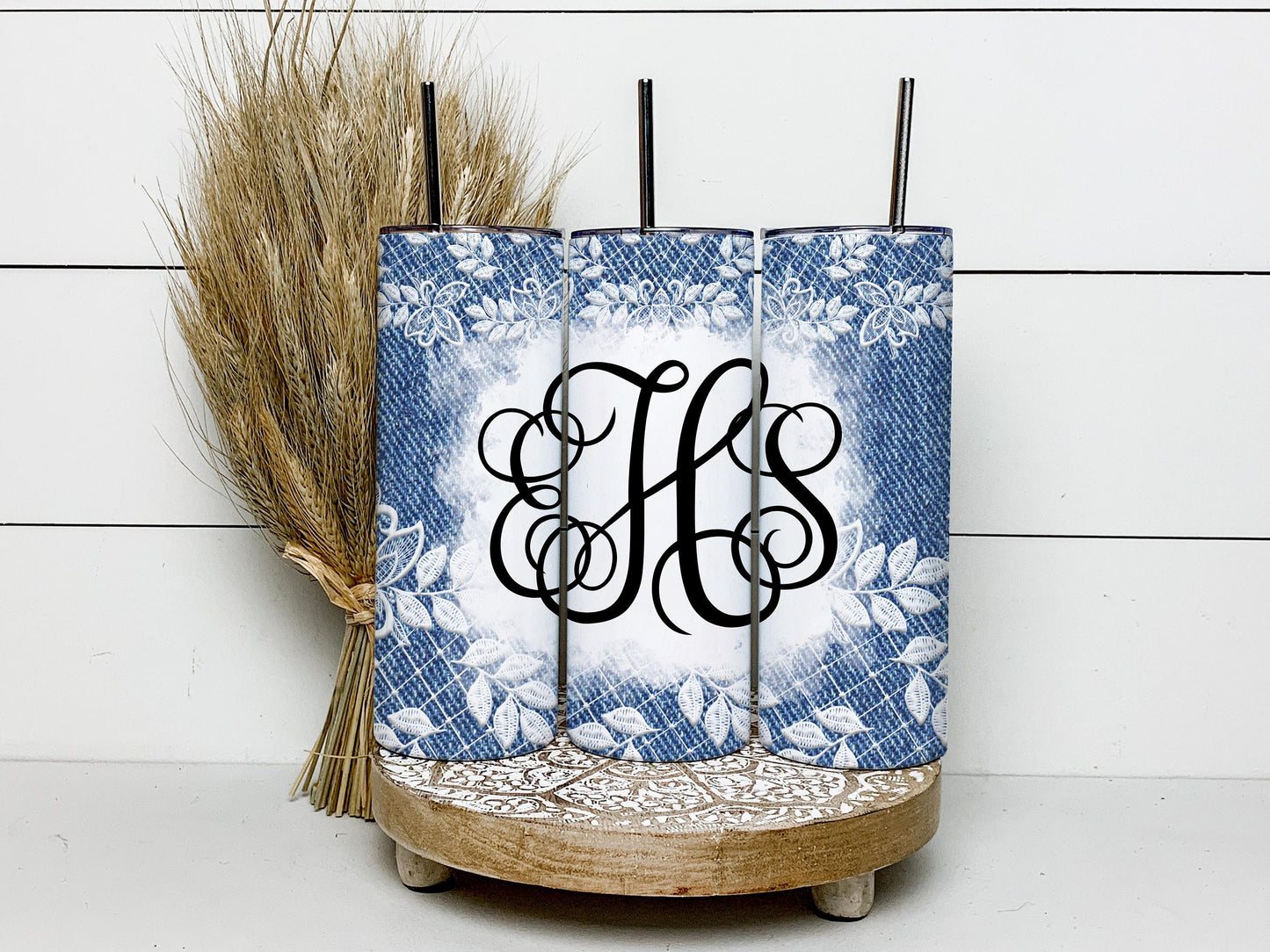 EDITABLE Denim Lace Monogram 20oz Straight Tumbler Wrap Designs, Make Your Own Custom Peronalized Design, Easy Canva Tempalte