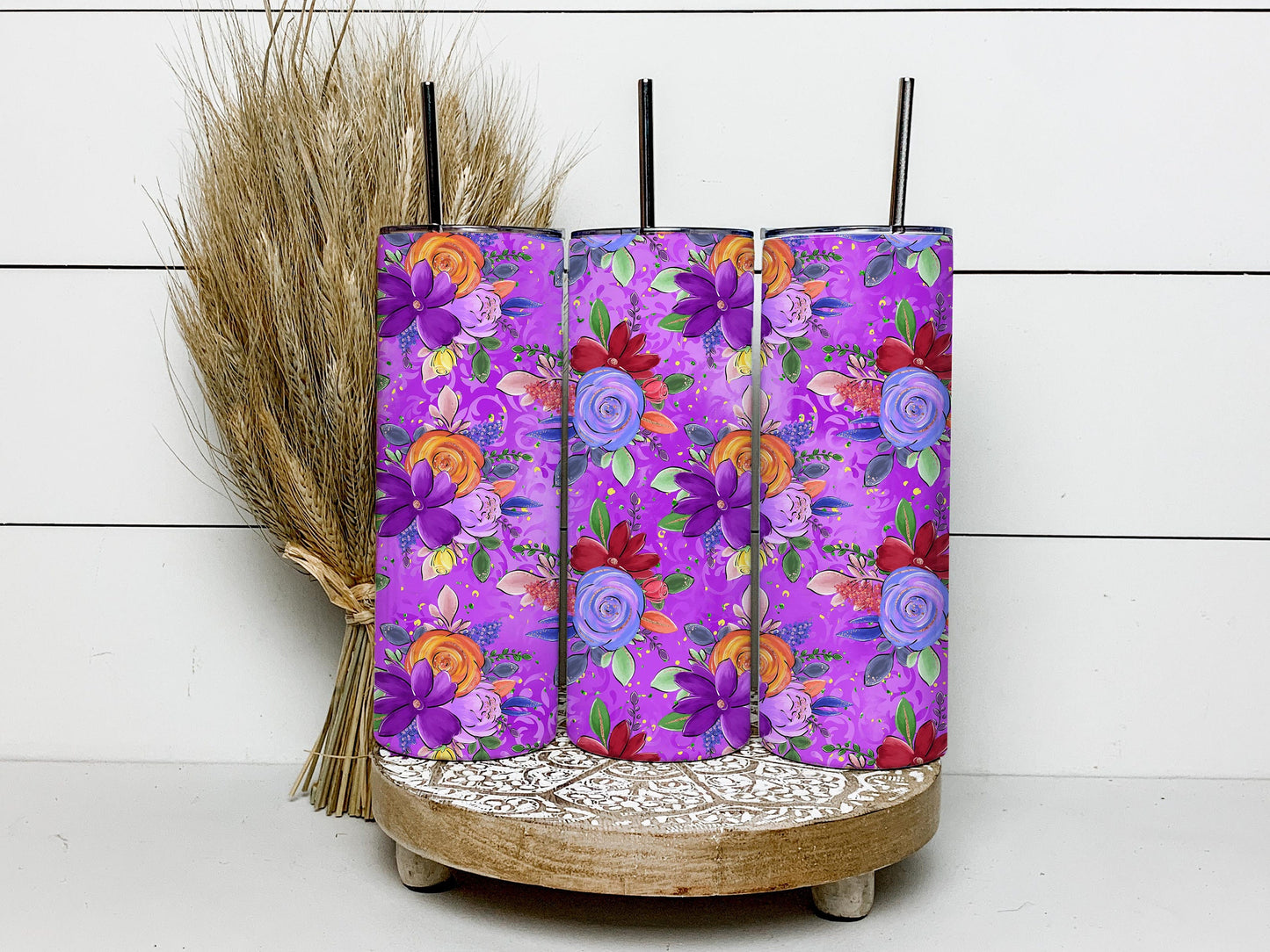 Flowers On Purple Background 20oz Tumbler Wrap, Seamless Skinny Tumbler, Sublimation Design PNG - 1502