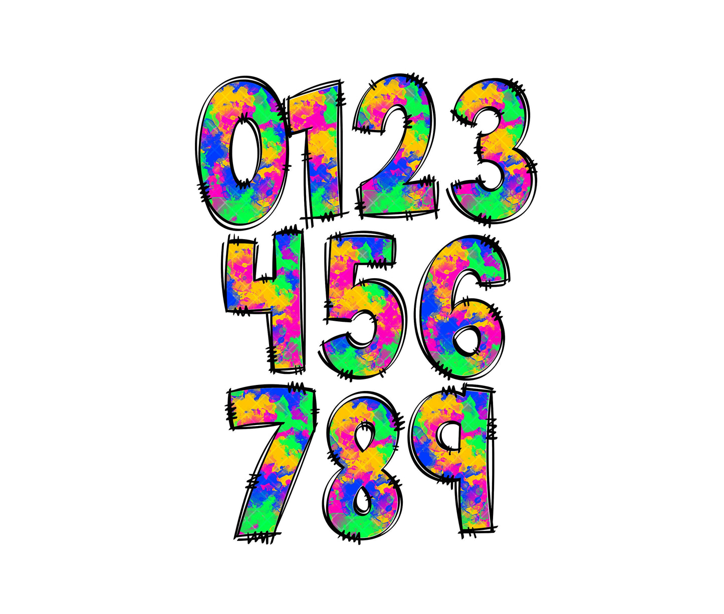 Bright Neon Rainbow Doodle letters, Hand Drawn Doodle Alpha Bundle, Sublimation Font PNG, Patterned Numbers & Alphabet, 64 PATTERN