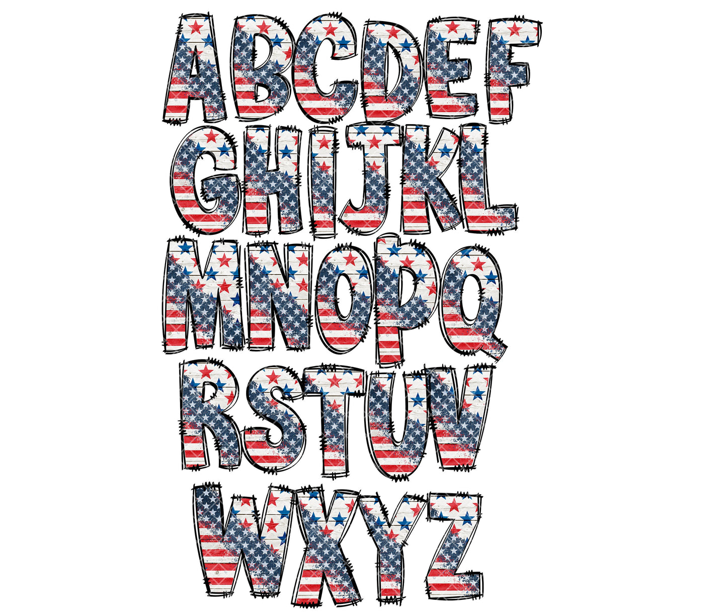 Rustic Flag Alphabet Letters PNG Bundle, Patriotic USA Flag Doodle Letters, Hand Drawn Alphabet Doodle, Sublimation Alpha Set Designs PNG