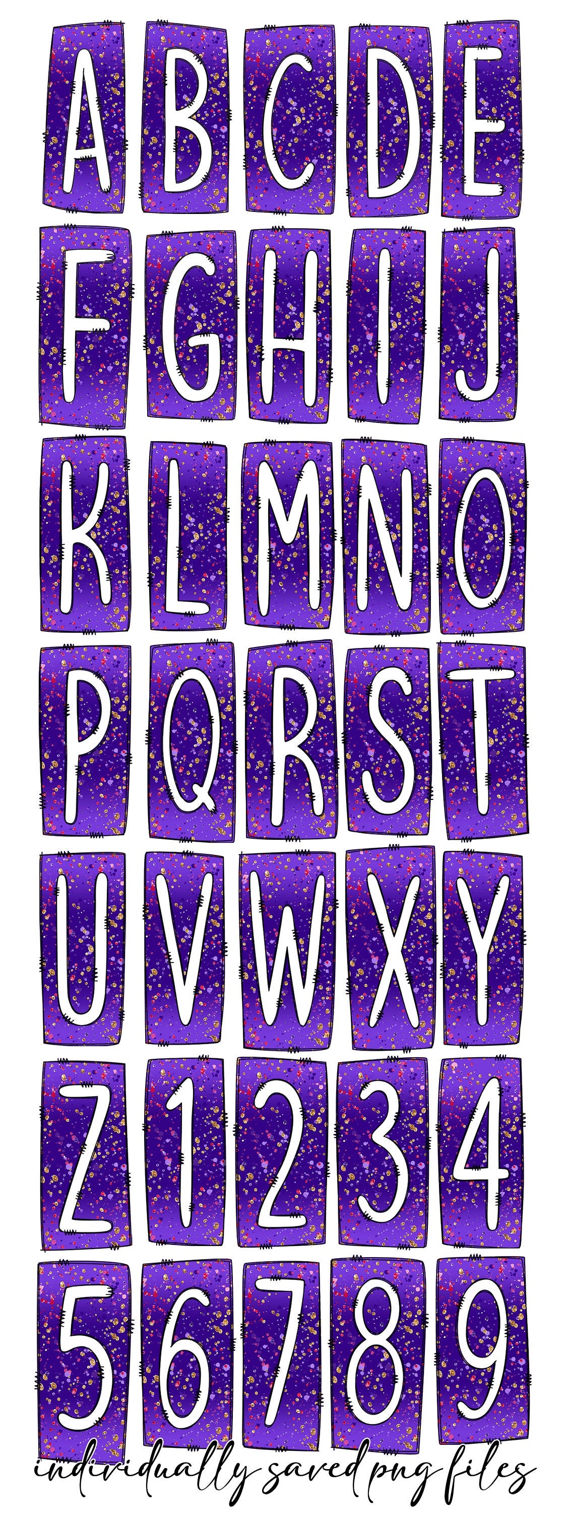 Purple Glitter Box Doodle Letters, Western Hand Drawn Doodle Alphabet Set, Sublimation Designs PNG - 832