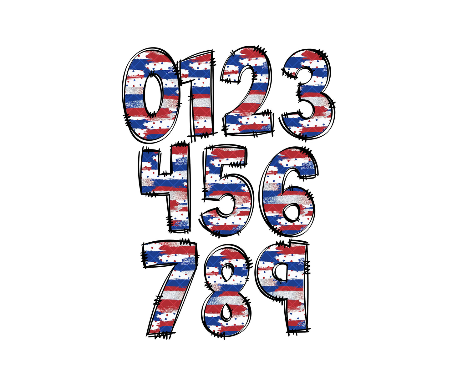 USA Red White Blue Doodle letters, Hand Drawn Doodle Alpha Bundle, Sublimation Font PNG, Patterned Numbers & Alphabet,