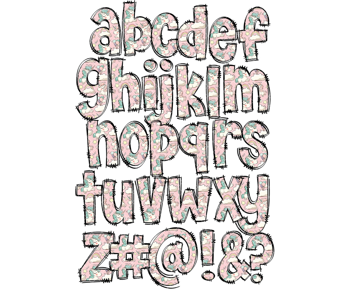 Unicorn Alphabet Letters PNG Bundle, Rainbows Glitter Girly Doodle Letters, Hand Drawn Alphabet Doodle, Sublimation Alpha Set Designs PNG