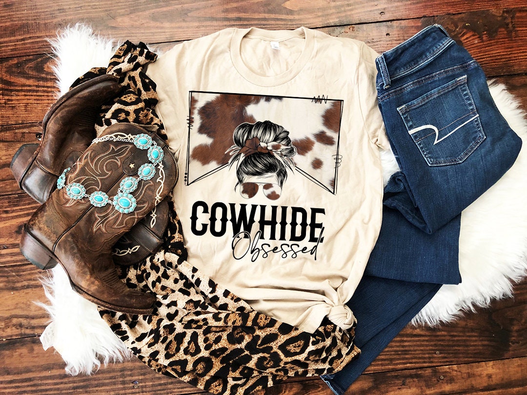 Cow Hide Obsessed Sublimation Design,Country Mama, Western Sublimation Designs, Cow Print Cowhide, Mom Bun, Messy Bun PNG, MOCKUPS included!