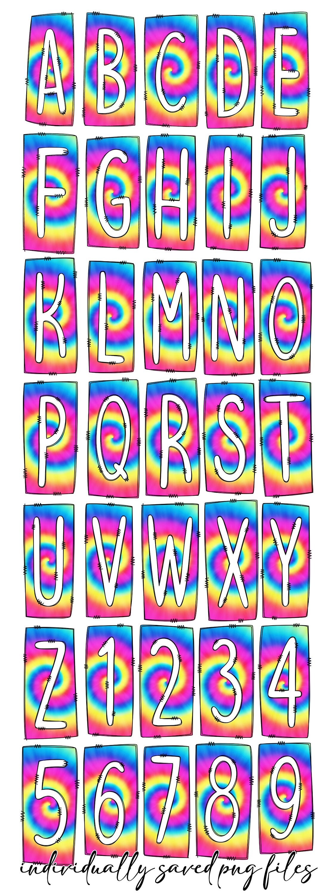 Neon Tie Dye Box Doodle Letters, Western Hand Drawn Doodle Alphabet Set, Sublimation Designs PNG - 143 PATTERN