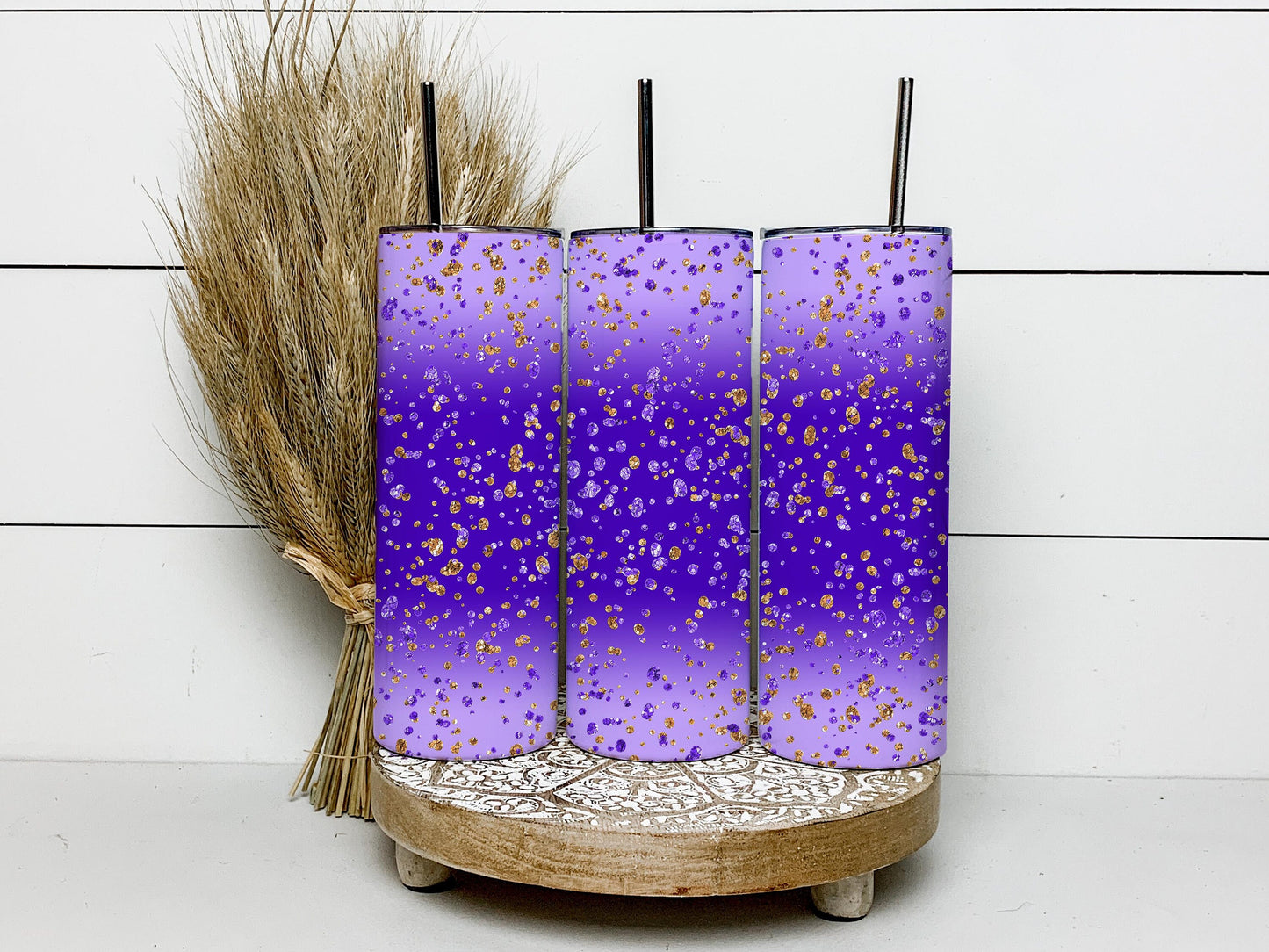 Gold Dots, Gold Glitter Pattern, Gradient Purple 20oz Tumbler Wrap, Seamless Skinny Tumbler, Sublimation Design PNG - 1825