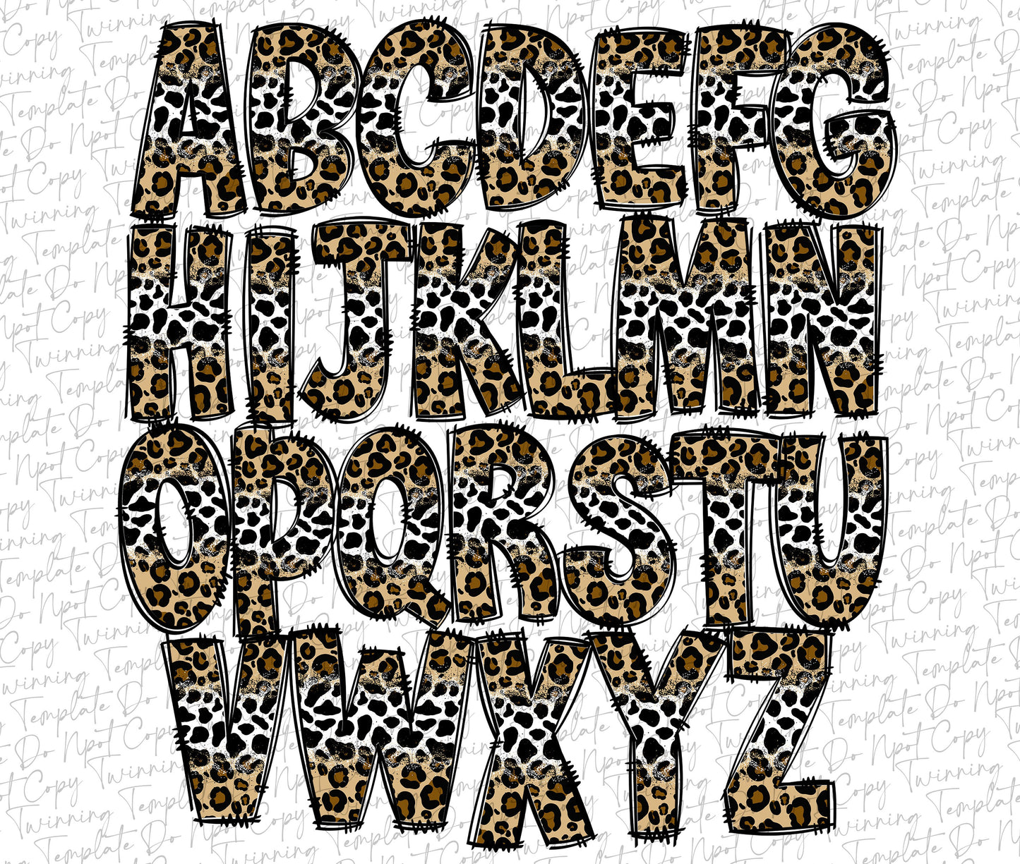 Leopard Cow Hide Doodle Letters, Cheetah Cow Print Doodle letters, Alpha Bundle, Western Sublimation Font PNG, Country Numbers & Alphabet