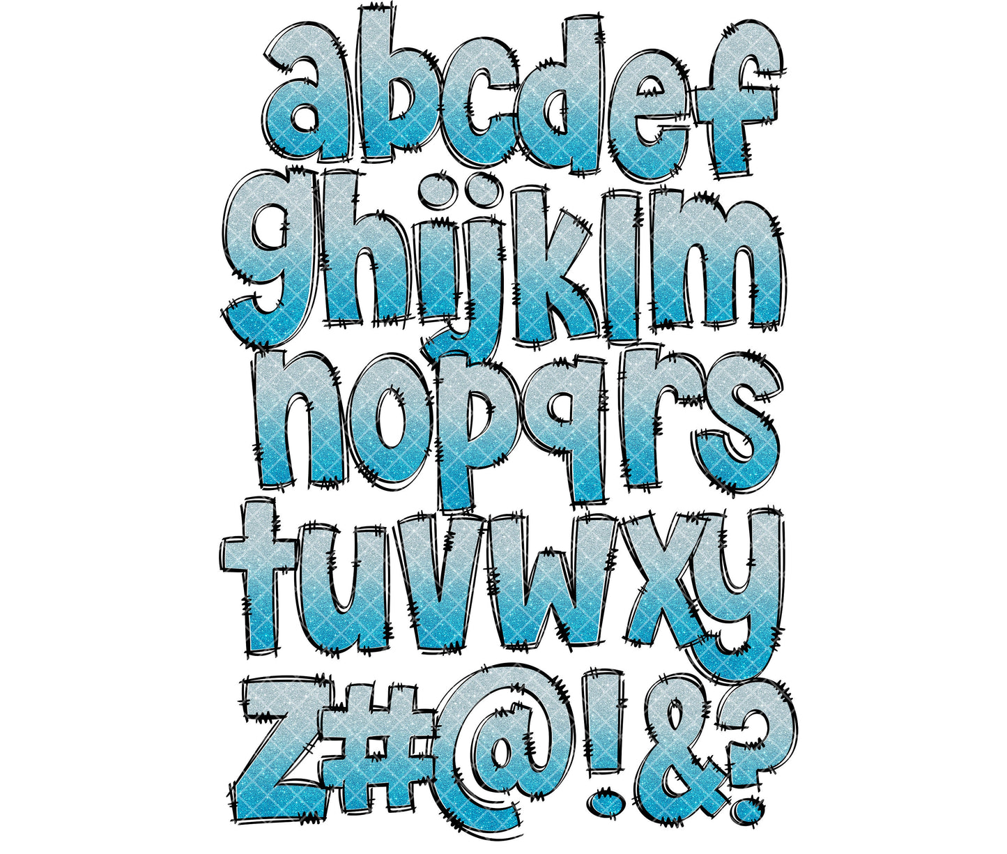 Ombre Light Blue Glitter Alphabet Letters PNG Bundle, Alcohol Ink, Hand Drawn Doodle, Sublimation Alpha Set Designs PNG