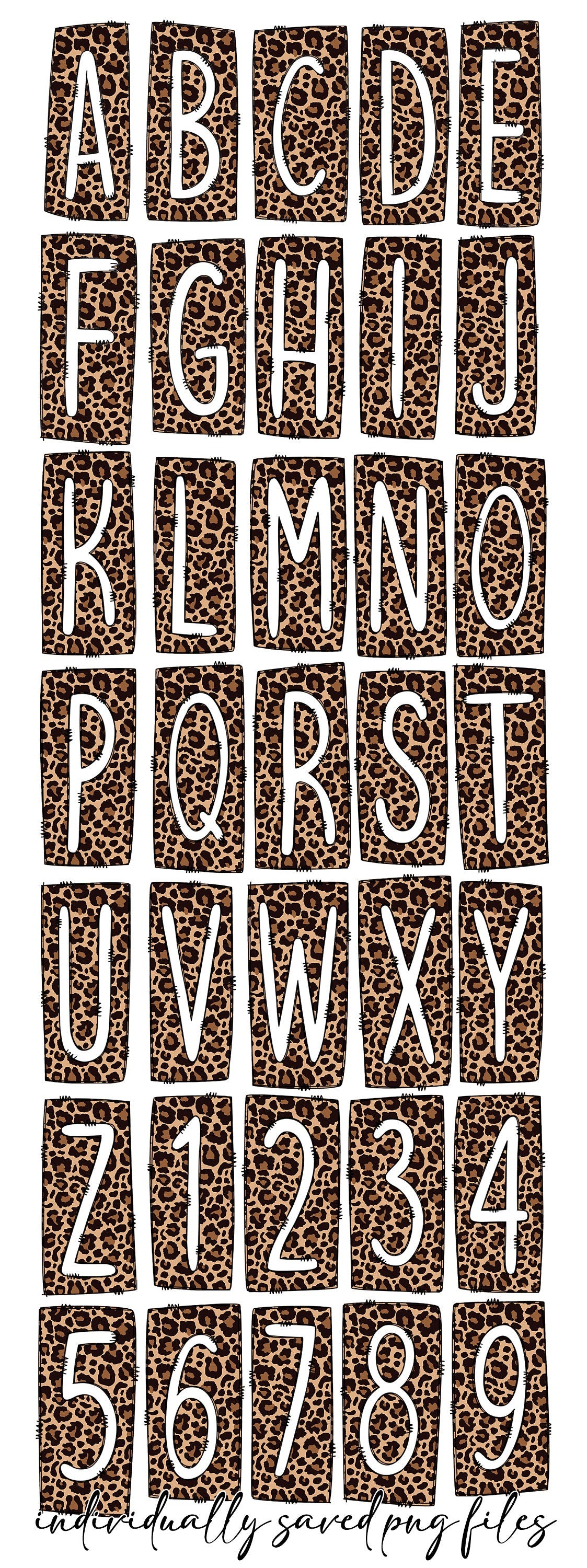 Cheetah Obsessed Leopard Print Box Doodle Letters, Western Hand Drawn Doodle Alphabet Set, Sublimation Designs PNG - 19 PATTERN