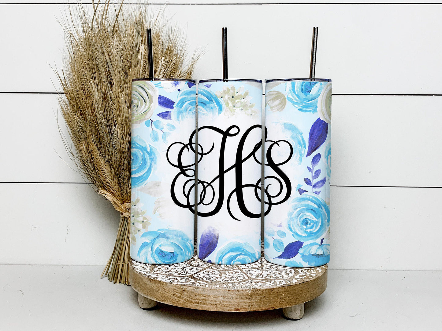 EDITABLE Blue Flowers Monogram 20oz Straight Tumbler Wrap Designs, Make Your Own Custom Peronalized Design, Watercolor Floral Canva Tempalte