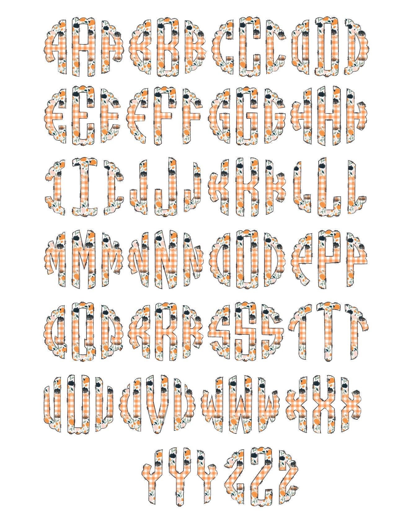 Boho Fall Pumpkins Monogram with Matching Tumbler Wrap, Add Your Own Custom Initials Gingham Monogram Letters Transparent Background PNG