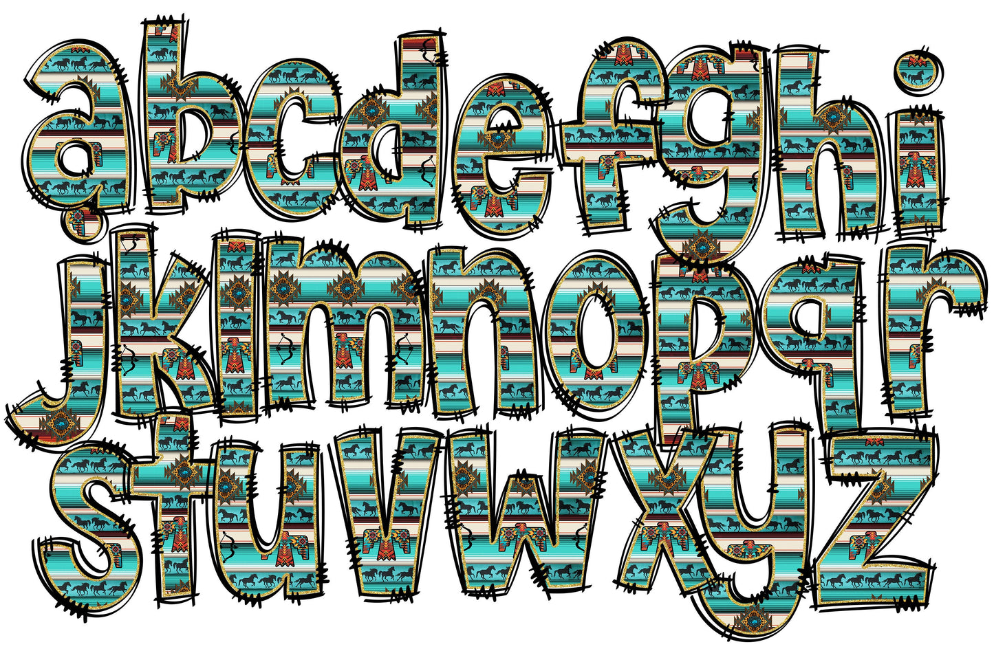 Western Aztec Alphabet Letters PNG Bundle, Country Serape, Hand Drawn Doodle, Sublimation Alpha Set Designs PNG